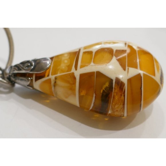 Mosaic Amber Pendant With Embedded Insects Sterling Silver On Sterling Chain - Picture 13 of 13